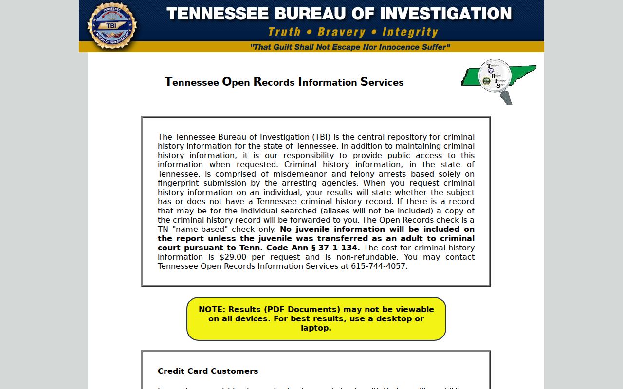 Weakley County criminal history TORIS name check interface