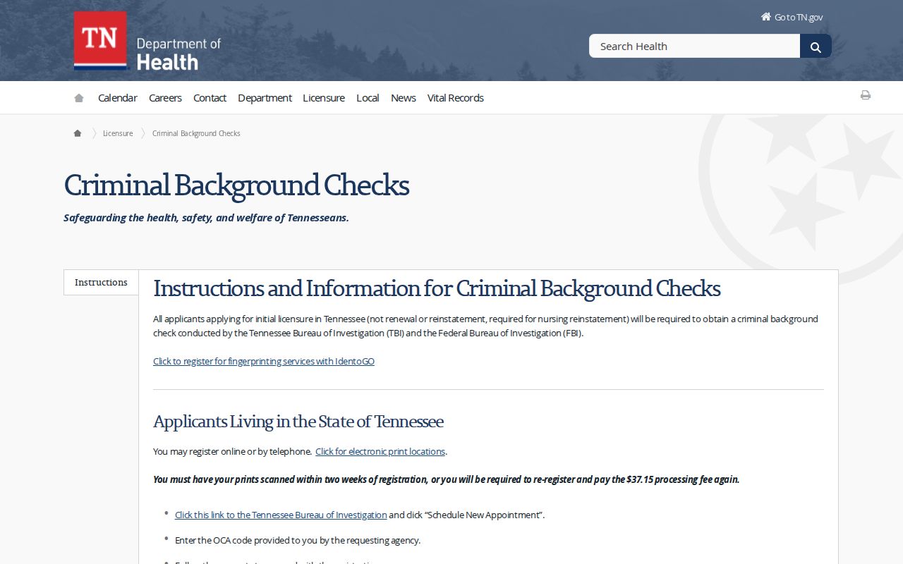 Weakley County official fingerprint criminal history instructions