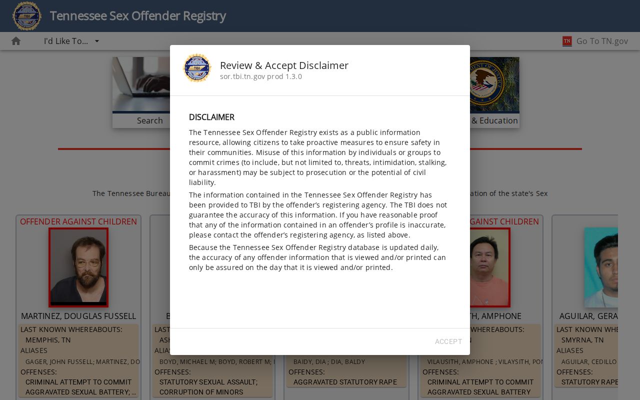 Weakley County sex offender search disclaimer and fields on the TBI registry